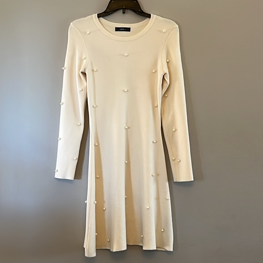 Zara Elegant Cream Long Sleeve Dress